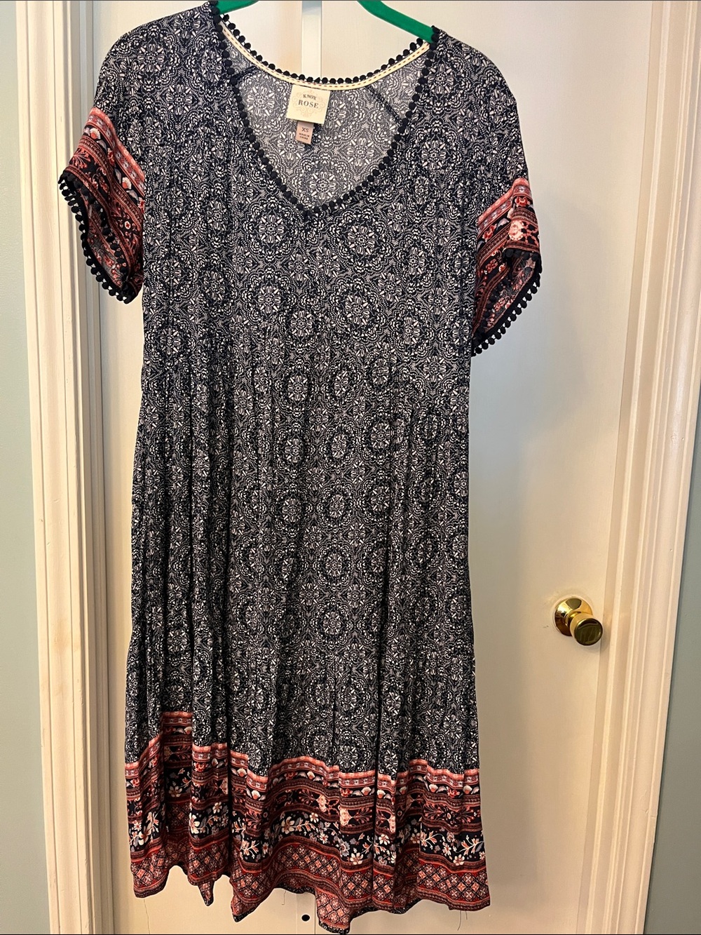 Knox Rose Navy Dress with Coral Border Trim